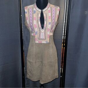Embroidered Tan Mini Dress 100% goat suede original retail $250+